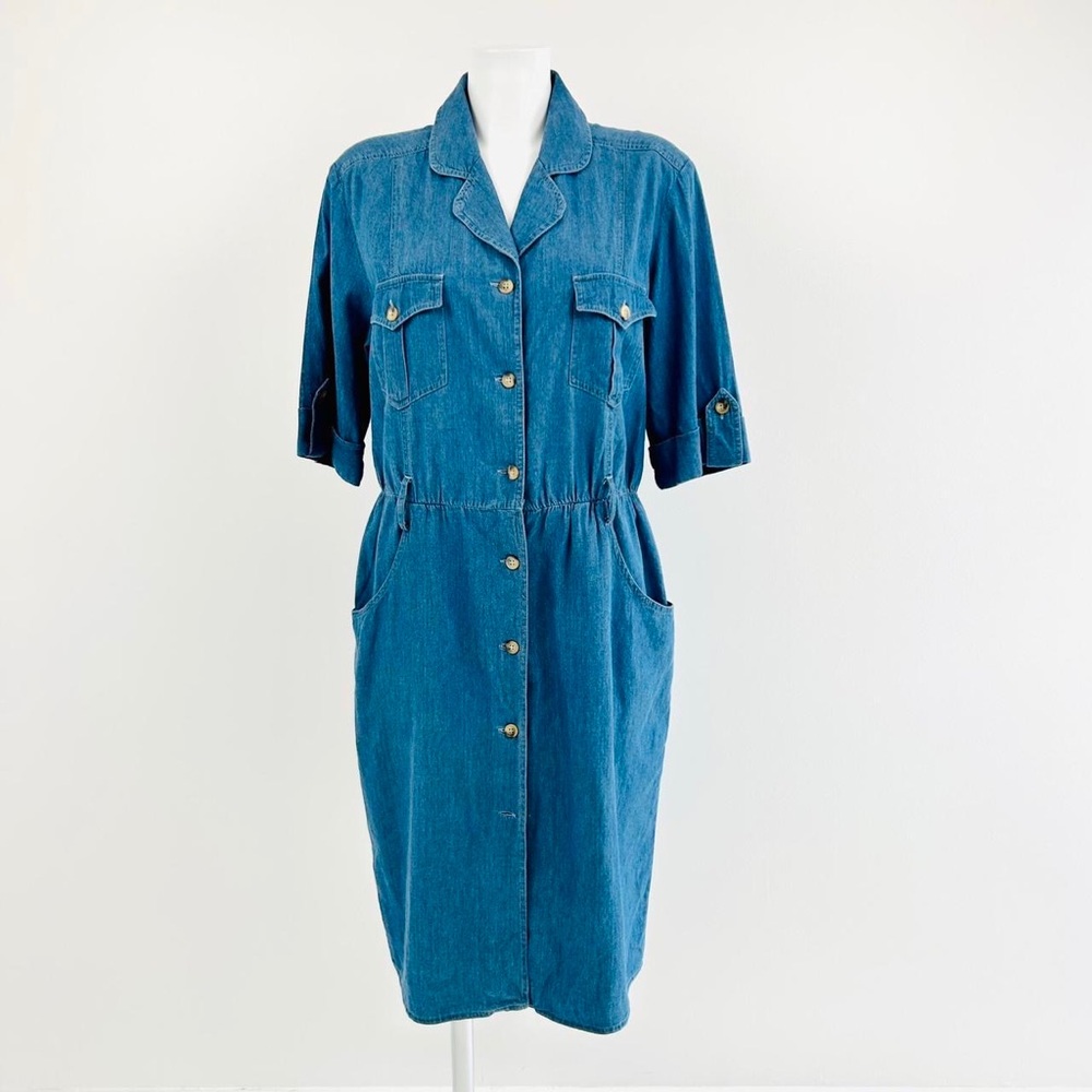Vintage 80s 90s denim shirt dress UK 12 button up Knee length chambray cotton - Picture 5 of 7